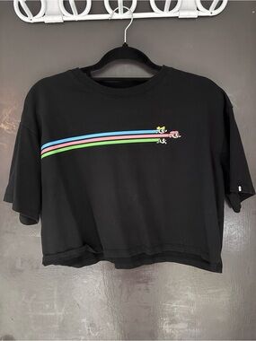 Black Cropped Tee with Blue, Pink & Green Stripe Details